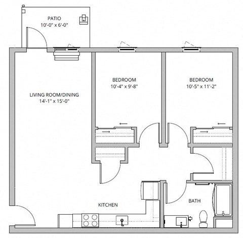 Floor plan for 2 beds, 1 bath, 887 sqft